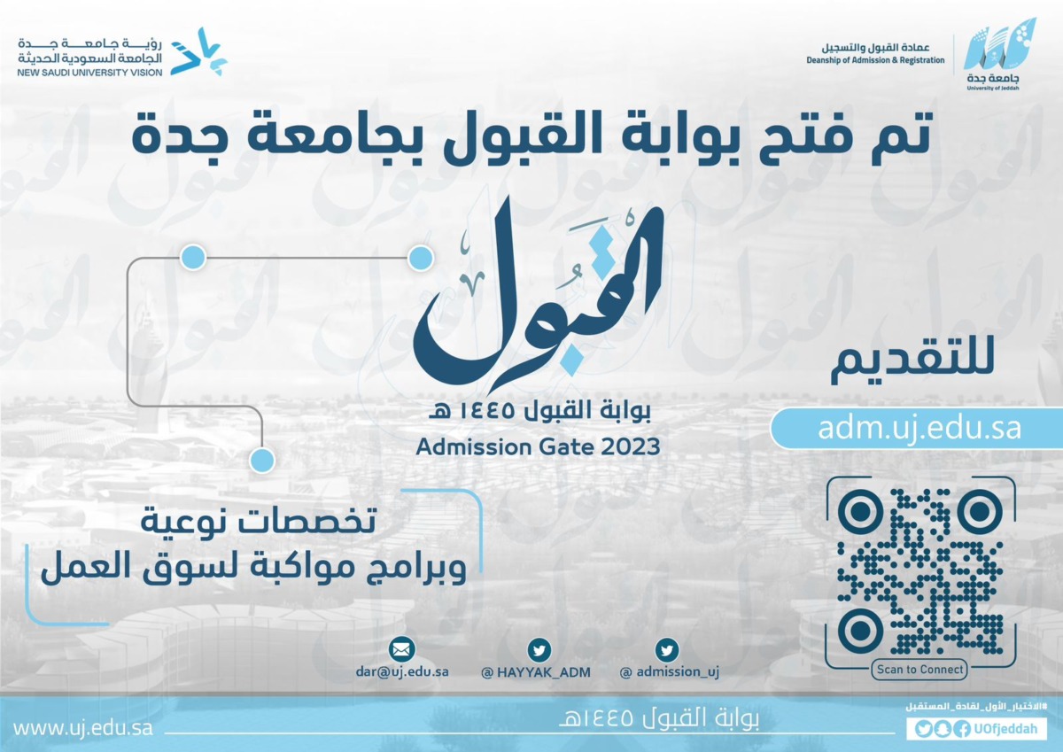 جامعة جدة تعلن عن مواعيد القبول الإلكتروني لبرامج البكالوريوس والدبلوم الانتظام للعام 1445هـ 1 قبول