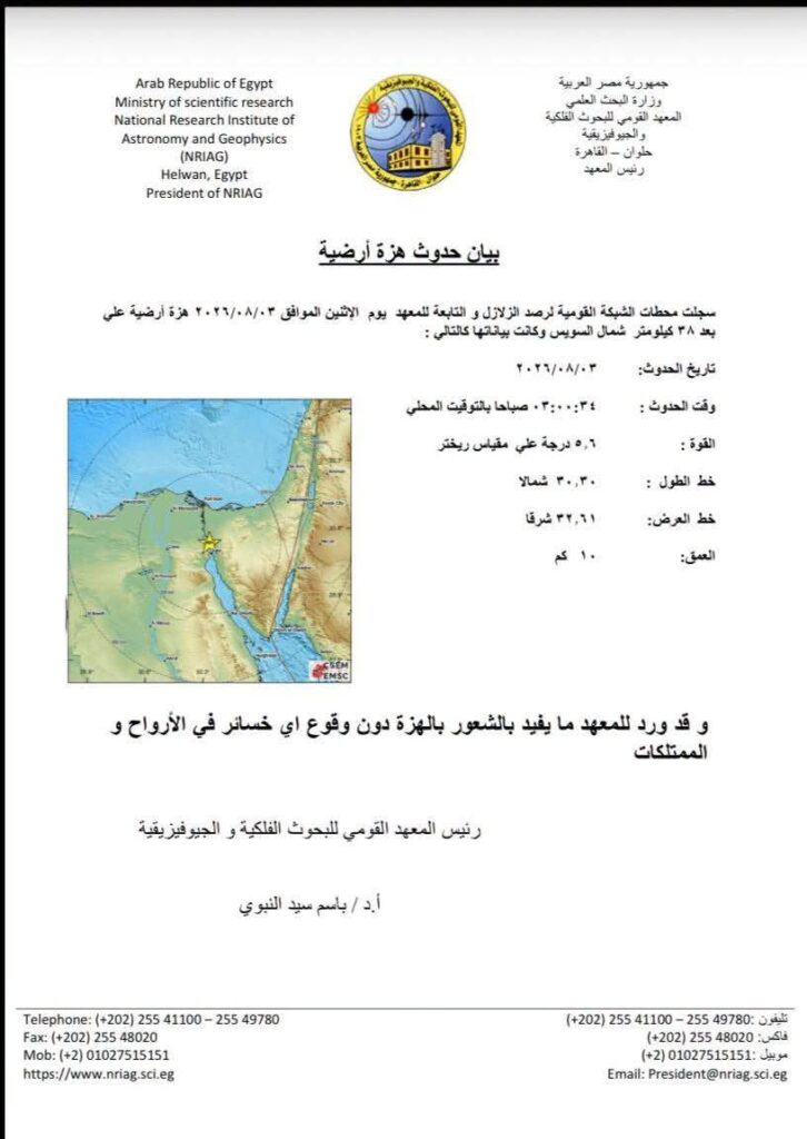 مصر تسجل هزة أرضية بقوة 5.6 ريختر دون وقوع أي خسائر في الأرواح أو الممتلكات. 2 761292410 870296192583102 4185234288302059336 n