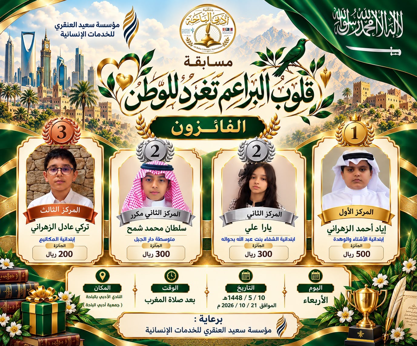 أدبي الباحة يعلن أسماء الفائزين في مسابقة قلوب البراعم تغرد للوطن 1 3f091f8a 2a44 4edd aa37 0f58fd3df6da