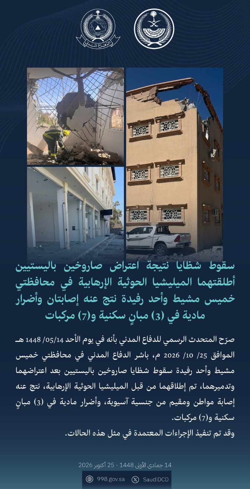الدفاع المدني: إصابتان وأضرار مادية نتيجة اعتراض صاروخين في محافظتي خميس مشيط وأحد رفيدة 1 WhatsApp Image 2026 10 25 at 5.26.22 PM